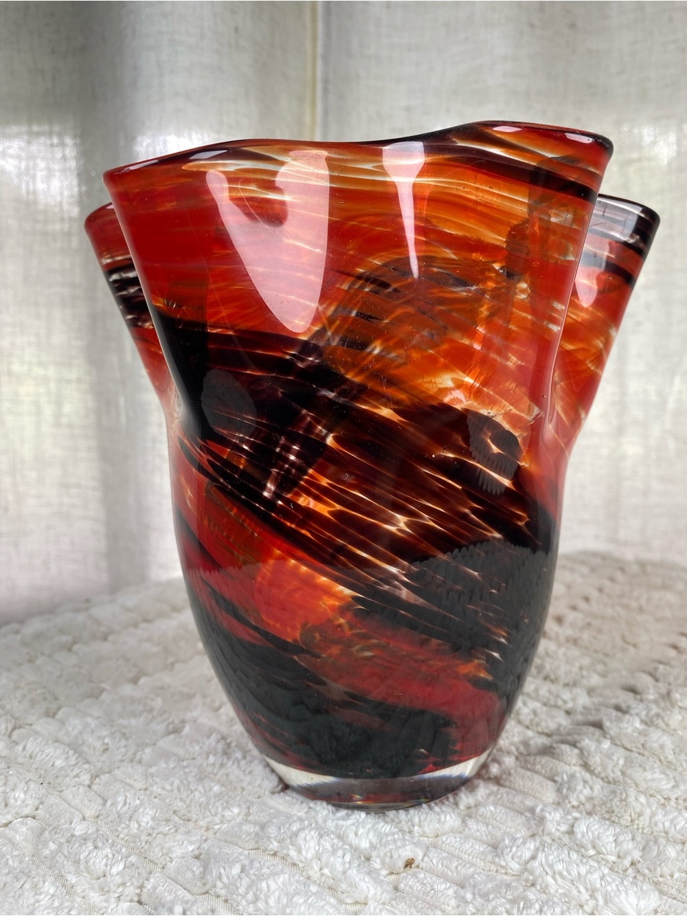 rare color combo vintage hand blown filigree handkerchief vase red black gothic